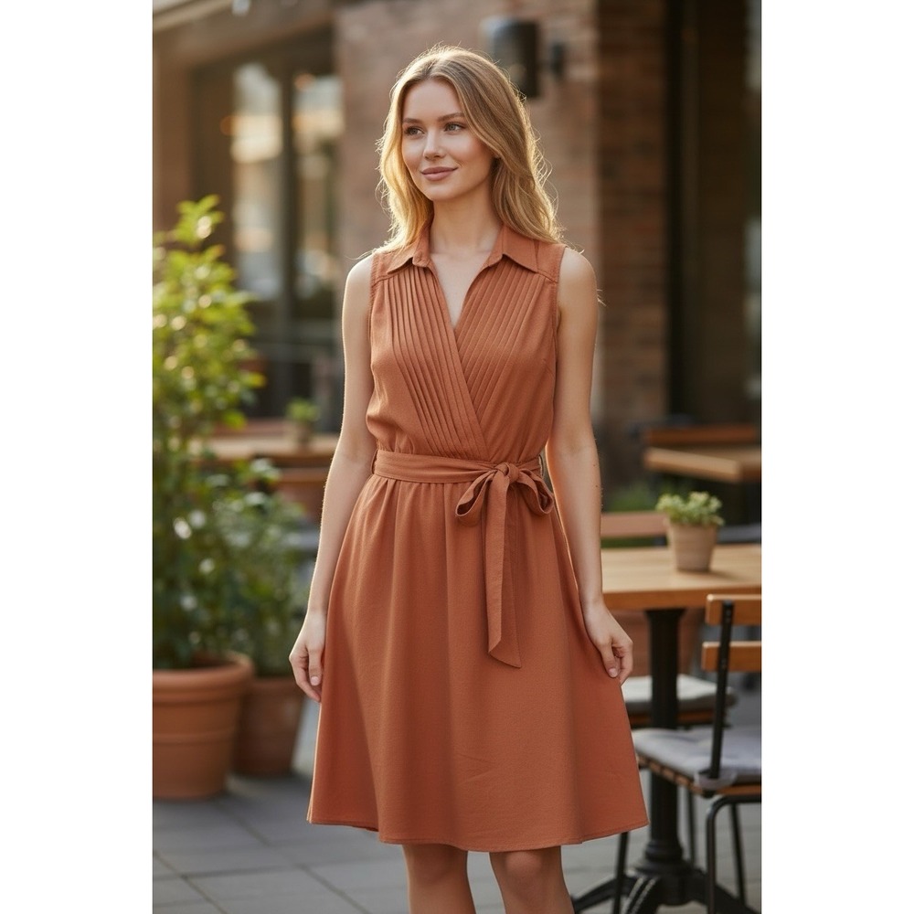 Maude Rust Orange Pleated Sleeveless Belted Shirt Dress Small